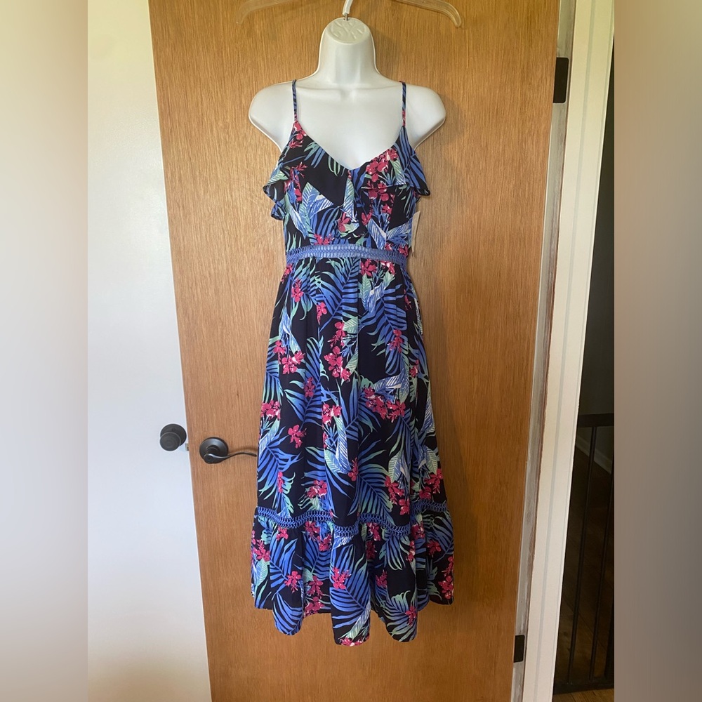 Tropical Floral Midi Dress - Black and Pink